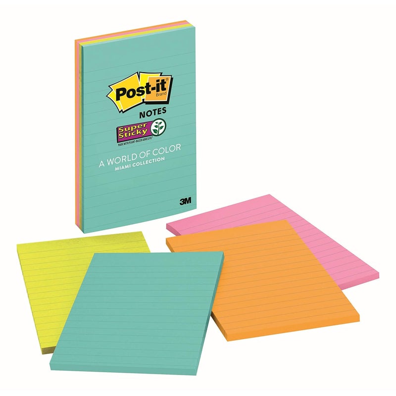 Post It 3M Super Sticky Lined Notes | 2X Sticking Power | 4 Pads x 45 Sheets | 4" x 6" | Notes, Reminders, Study, School and organizing | Bright Neon Colours - Image 1