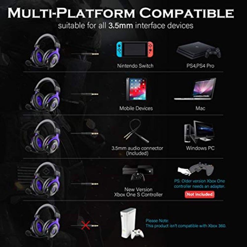سماعة ألعاب لأجهزة الكمبيوتر المحمول PS4 PS5، تصميم فوق الأذن مع ميكروفون عازل للضوضاء، هيكل بلاستيكي أسود، خفيف الوزن ومريح - Image 5