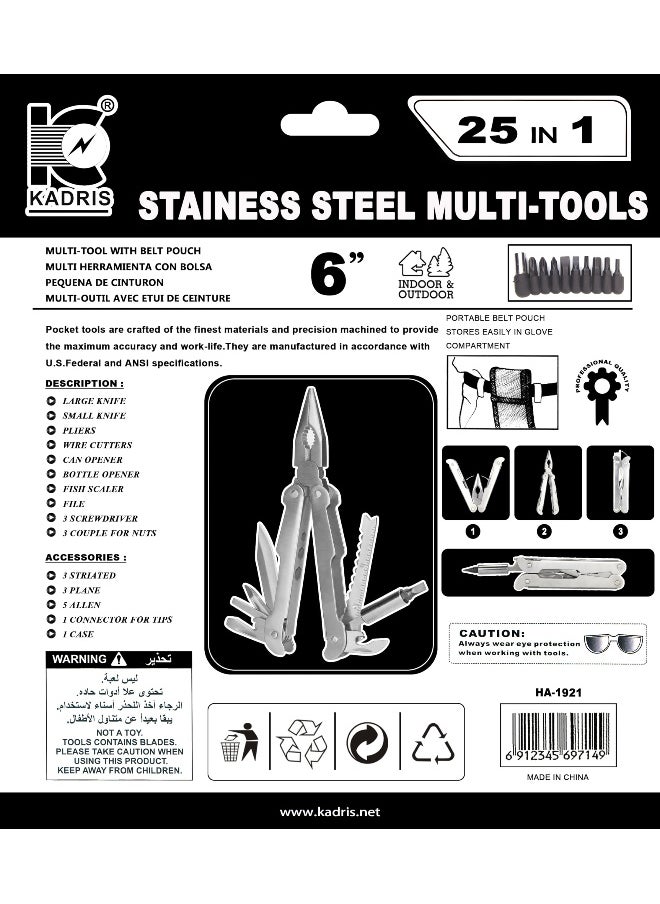 KADRIS - Multitool Stainless Steel 25-In-1 HA-1921 with Safety Locking, Belt Pouch, Professional Stainless Steel Multitool Pliers Pocket Knife,Bottle Opener, Screwdriver with Nylon Sheath Black - Image 1
