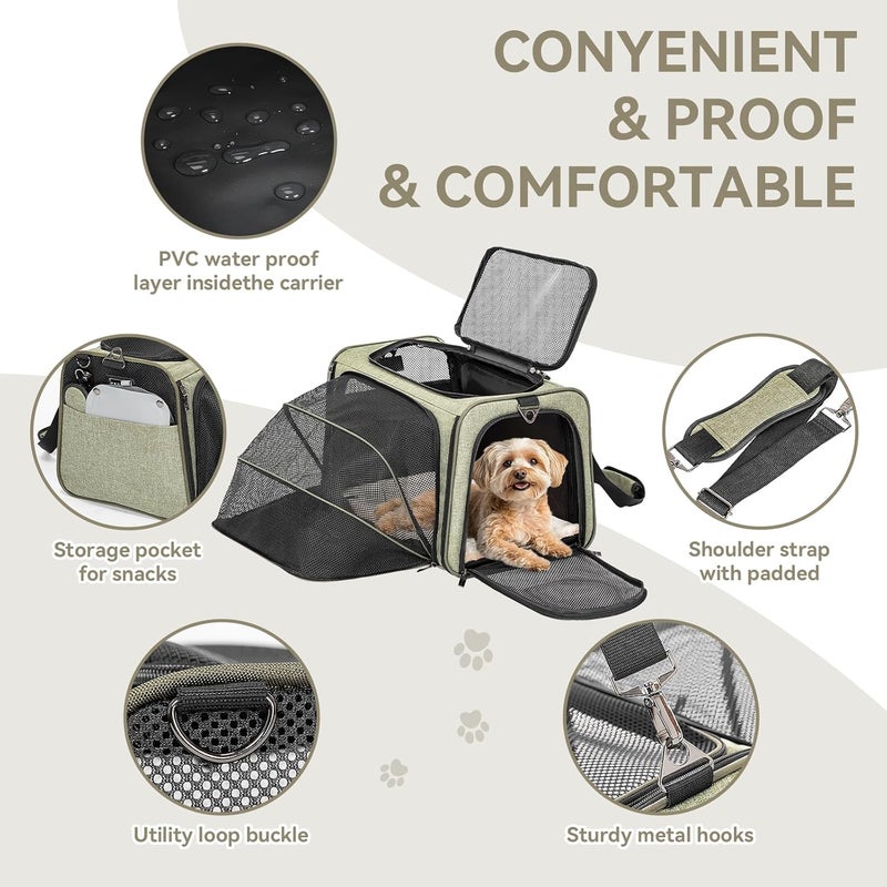 Petsfit Expandable Pet Carrier, Soft-Sided Portable Cat Carrier Dog Carrier, with Removable Plush Mat, Locking Safety Zippers and Pockets，Green，Medium - Image 2