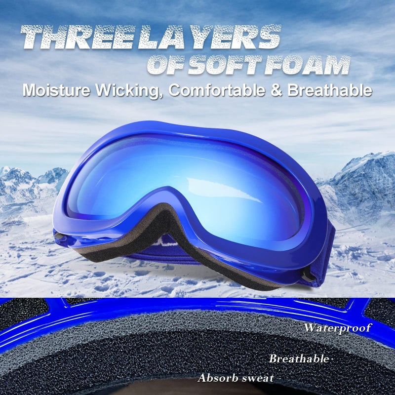 EXP VISION نظارات تزلج للأطفال من إكسب فيجن مضادة للضباب فوق النظارات نظارات تزلج للأطفال مع حماية من الأشعة فوق البنفسجية، عدسات مزدوجة الطبقة نظارات تزلج للأولاد والبنات الشباب (إطار أزرق/عدسة زرقاء) - Image 4