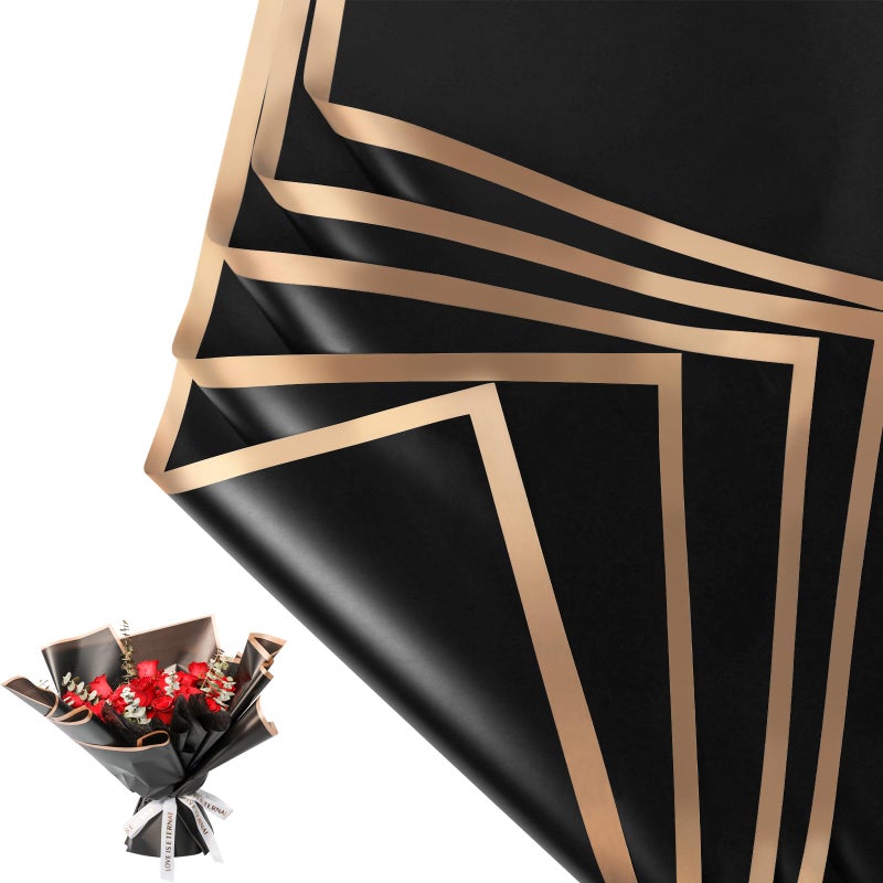 NESCCI 20 Sheets Flower Wrapping Paper Waterproof Floral Bouquet Wrapping Paper Florist Supplies Packaging Paper for Wedding Birthday Gift DIY Black