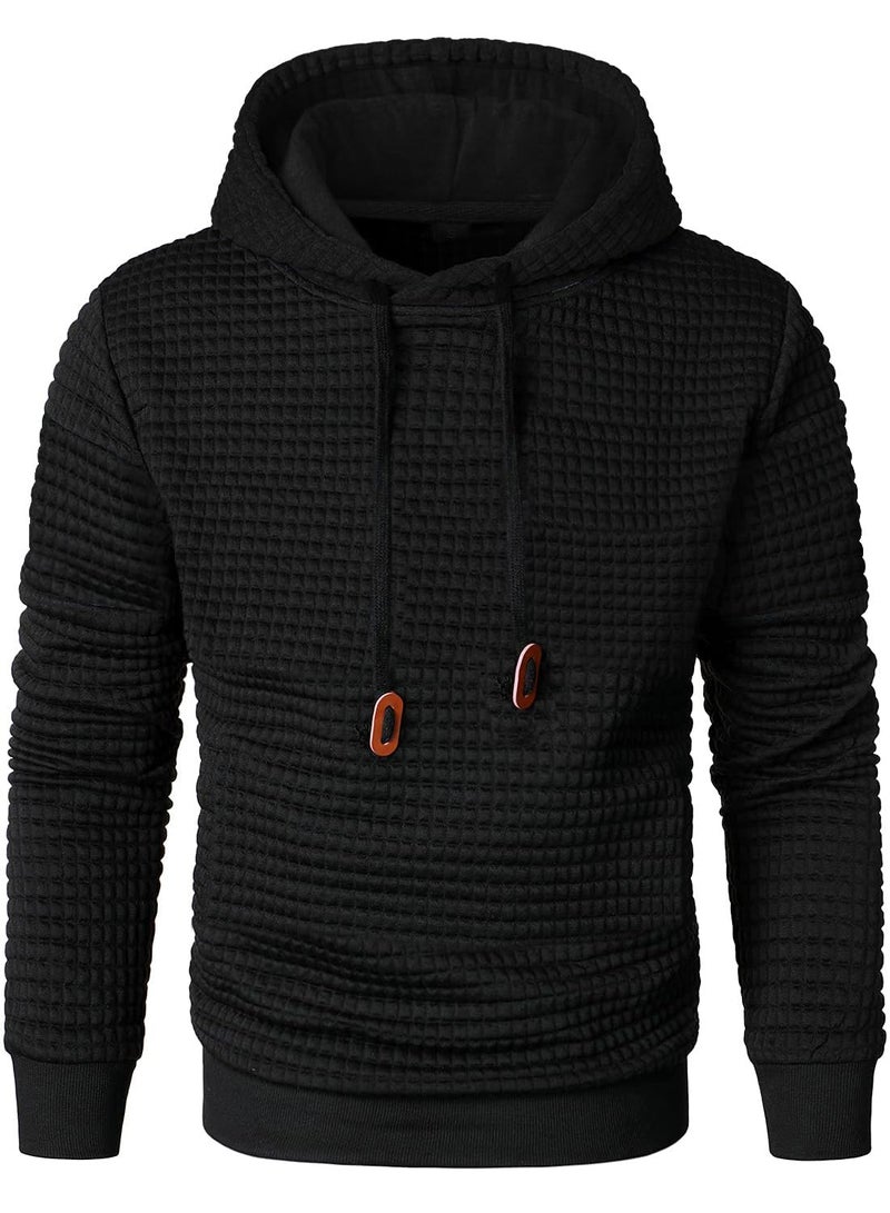 Qichic Menâ€™s Sweatshirts Long Sleeve Pullover Patchwork Plaid Jacquard Hoodie Casual Drawstring Hoody Top Black M - Image 3