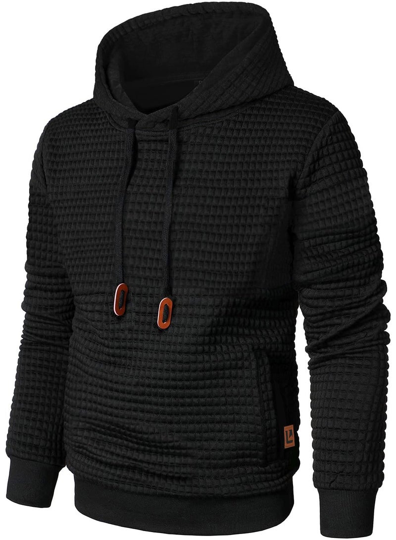Qichic Menâ€™s Sweatshirts Long Sleeve Pullover Patchwork Plaid Jacquard Hoodie Casual Drawstring Hoody Top Black M - Image 1