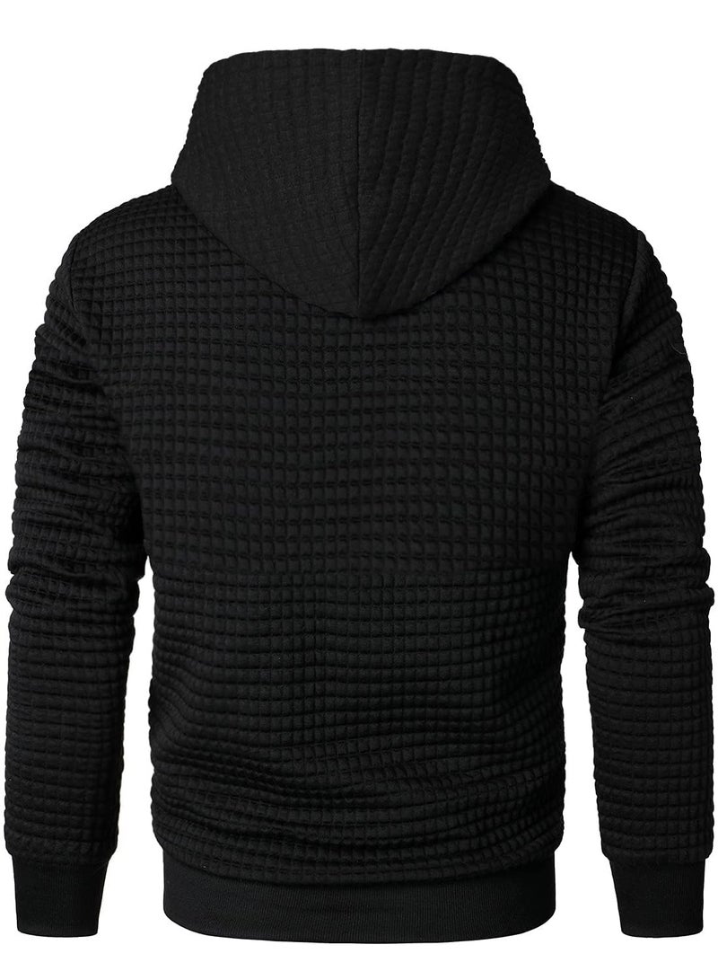 Qichic Menâ€™s Sweatshirts Long Sleeve Pullover Patchwork Plaid Jacquard Hoodie Casual Drawstring Hoody Top Black M - Image 4