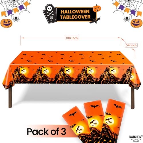 KatchOn Orange Tablecloth Plastic Large 54x108 Inch Pack of 3 Skeleton Table Cover for Halloween Table Decorations Plastic Tablecloth Decorations Indoor - Image 3