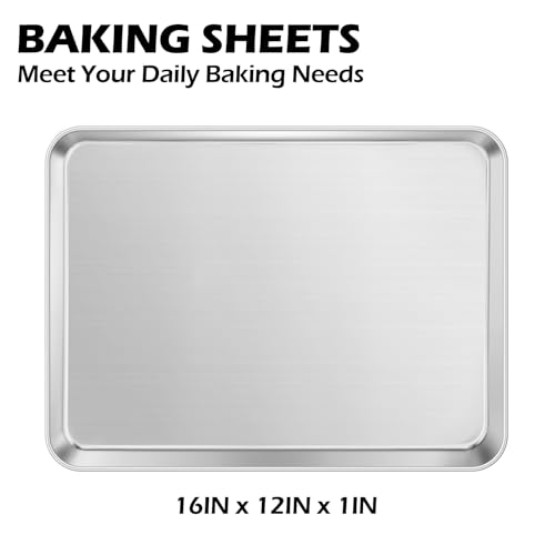Leonyo 16x12IN Stainless Steel Baking Sheets Pan, Leonyo 2 Pack Stainless Steel Cookies Sheets for Baking, 1IN Deep Metal Toaster Jelly Roll Pan Tray for Oven, Dishwasher Safe - Image 2