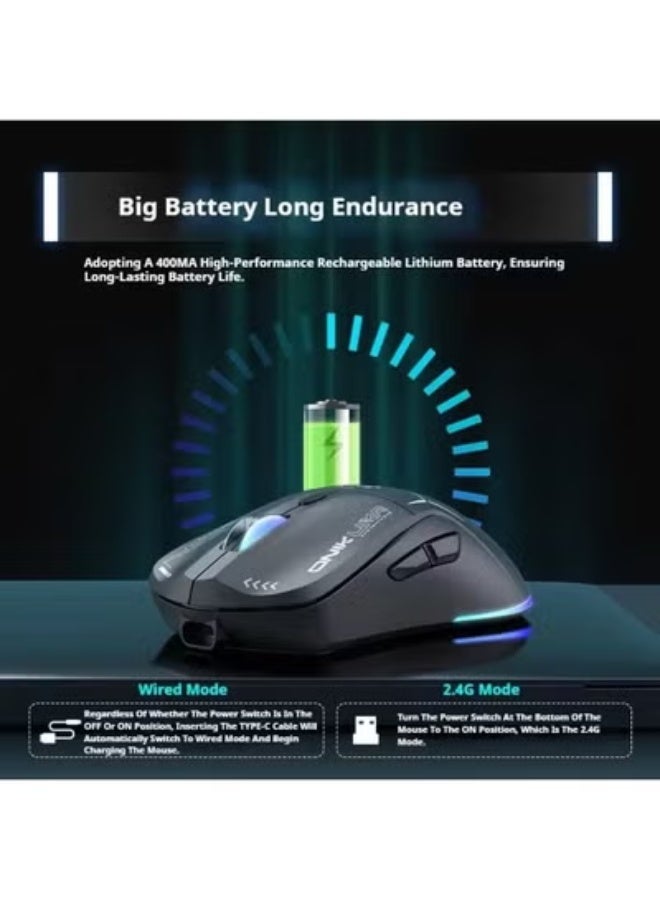 onikuma CW917 RGB Dual Mode Gaming Mouse Wired & 2.4GHz Wireless — Adjustable DPI 800-4800, 6 Programmable Buttons, RGB Lighting, Ergonomic Design, Black - Image 5