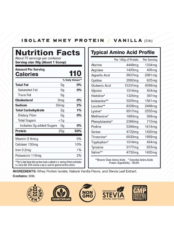 Muscle Feast - Grass Fed Whey Protein Isolate, All Natural, Hormone Free, Fast Absorbing, 100% Pure Isolate, 20.5G Protein, 88 Calories (Vanilla, 5Lb) - Image 1