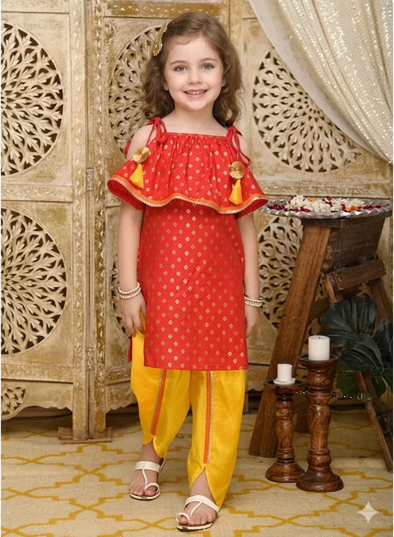 Saka Designs Girls Red Floral Kurta with Dhoti Pants