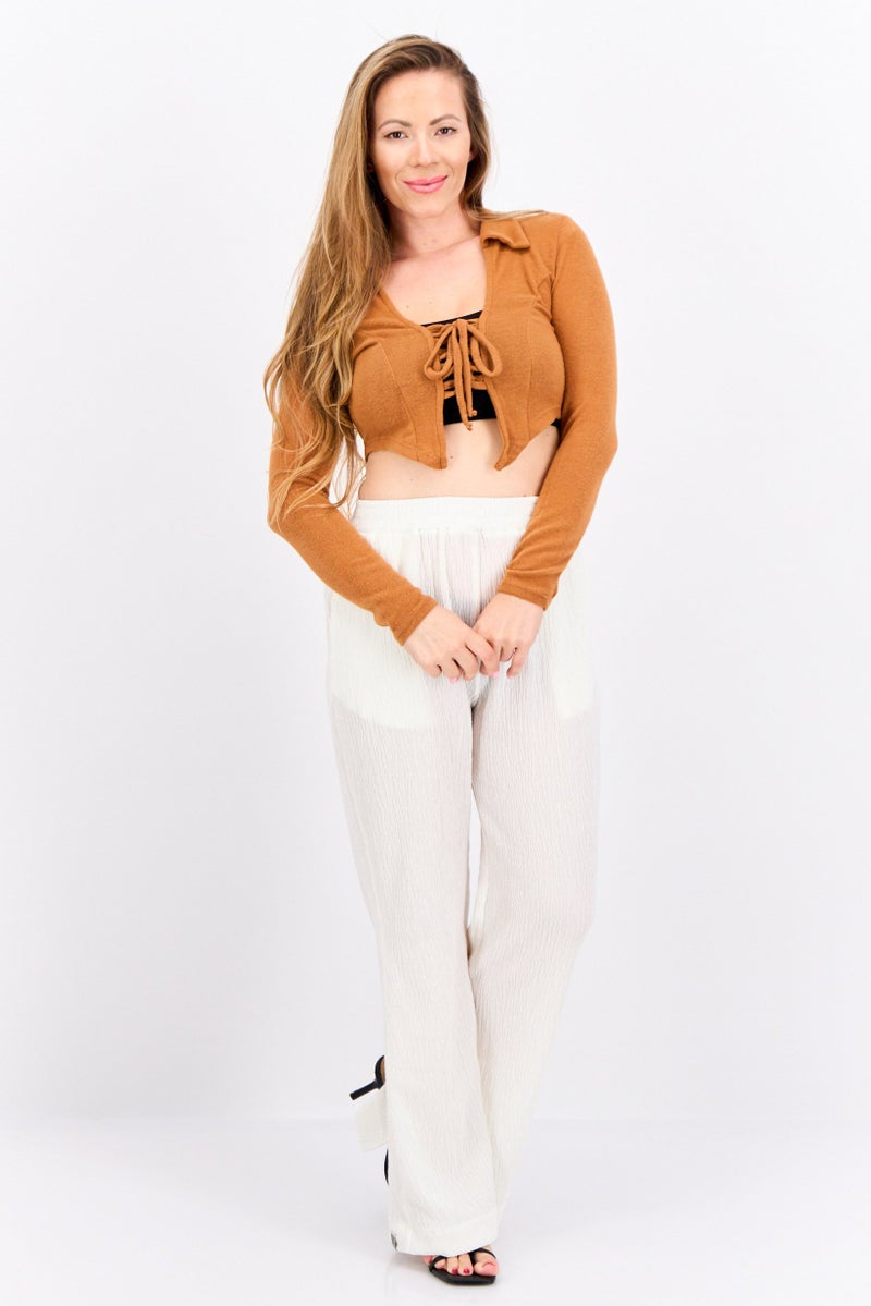 POOF Women Spread Collar Long Sleeve Plain Top, Brown - Image 4