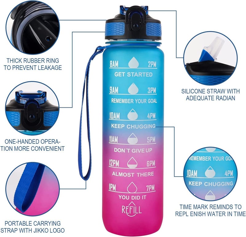 JUGTE Plastic Water Bottles 1 Litre Sipper Bottle For Adults Motivational Water Bottle Sipper With Straw & Time For Gym Office School Home Water Bottle For Kids (Blue) - Image 2