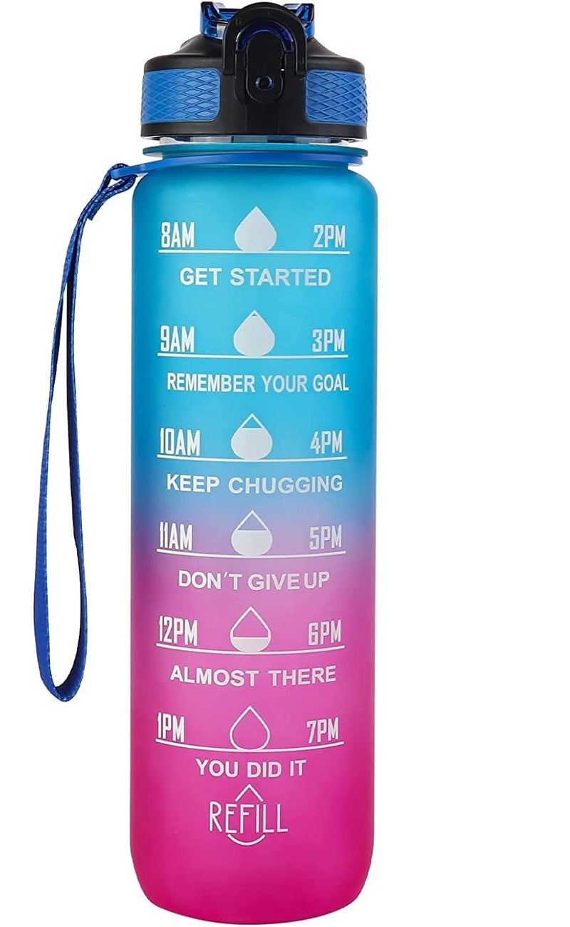 JUGTE Plastic Water Bottles 1 Litre Sipper Bottle For Adults Motivational Water Bottle Sipper With Straw & Time For Gym Office School Home Water Bottle For Kids (Blue) - Image 1