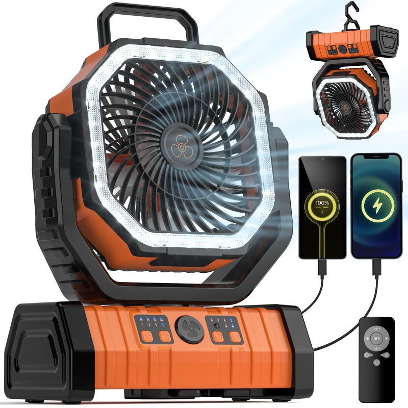 VOSFEEL Camping Fan 20000mAh Battery Powered Fan Rechargeable with LED Lantern Portable Outdoor Tent Fans with Hanging Hook 4 Speeds Wind Remote Control Black