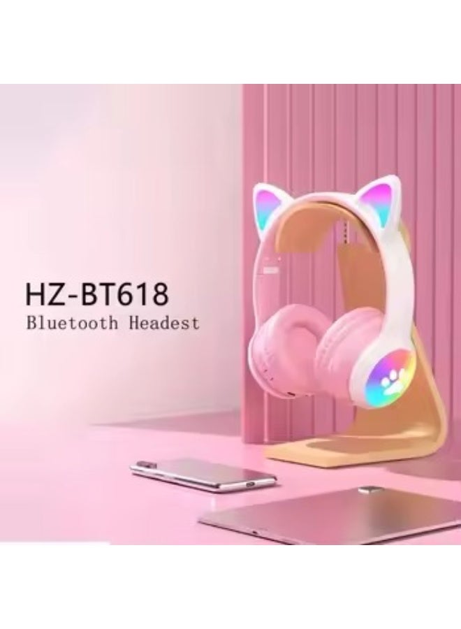 سماعات رأس لاسلكية HZ-BT618 للأطفال بتقنية بلوتوث مع أذني قطة مضيئتين LED، سماعة ستيريو فوق الأذن، زمن استجابة منخفض للألعاب، ميكروفون مدمج، تصميم قابل للطي، شحن Type-C - Image 2
