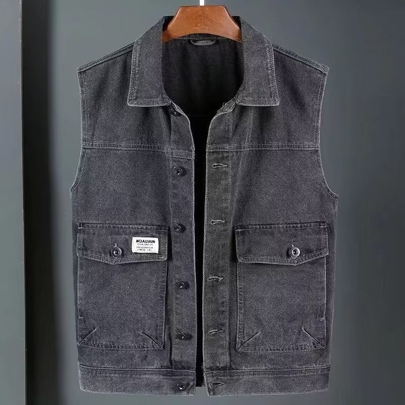 Retro Distressed Washed Denim Workwear Vest Neutral Street Style Sleeveless Waistcoat Vest Jacket For Men And Women - Image 4