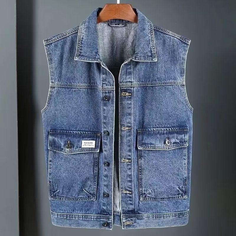 Retro Distressed Washed Denim Workwear Vest Neutral Street Style Sleeveless Waistcoat Vest Jacket For Men And Women - Image 2