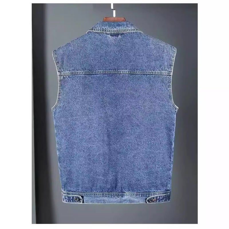 Retro Distressed Washed Denim Workwear Vest Neutral Street Style Sleeveless Waistcoat Vest Jacket For Men And Women - Image 3