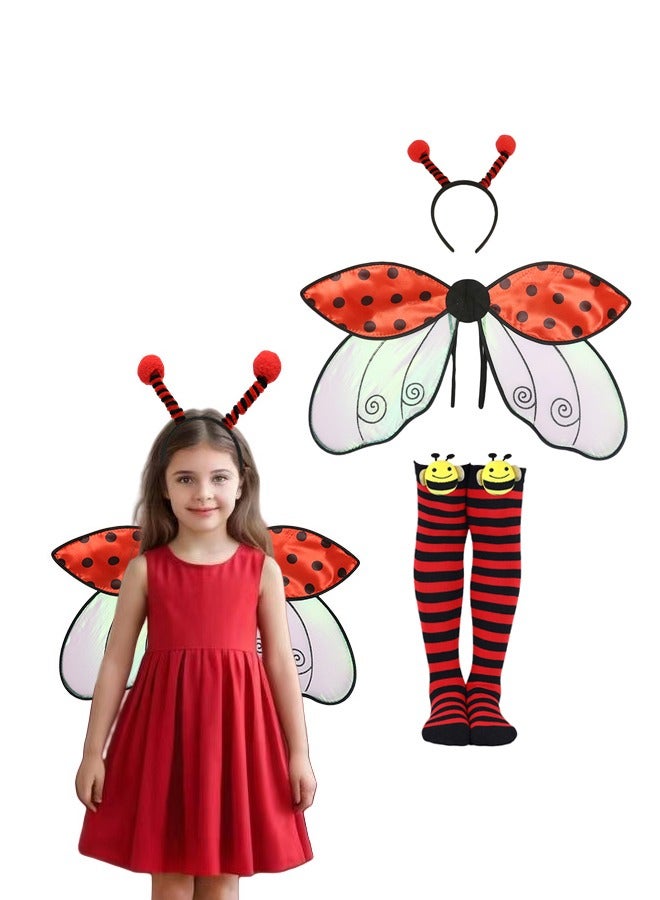 Girls 3 Piece Ladybird Costume with Wings, Headband, Socks Cosplay Costume - Image 1