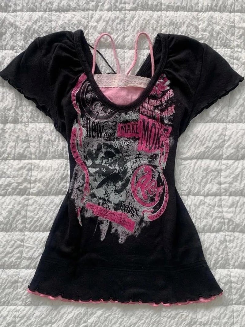 KSDDC Emo 2000s Grunge Alt Shirt Y2K Vintage Harajuku Cutecore Indie T-Shirts Teen Girl Scene Clothes (Black-E,Small) - Image 5