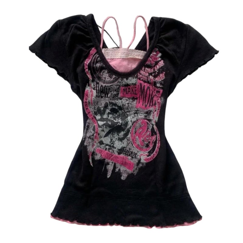 KSDDC Emo 2000s Grunge Alt Shirt Y2K Vintage Harajuku Cutecore Indie T-Shirts Teen Girl Scene Clothes (Black-E,Small) - Image 1