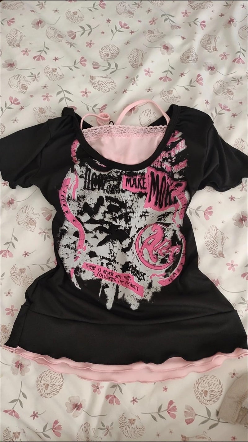 KSDDC Emo 2000s Grunge Alt Shirt Y2K Vintage Harajuku Cutecore Indie T-Shirts Teen Girl Scene Clothes (Black-E,Small) - Image 2