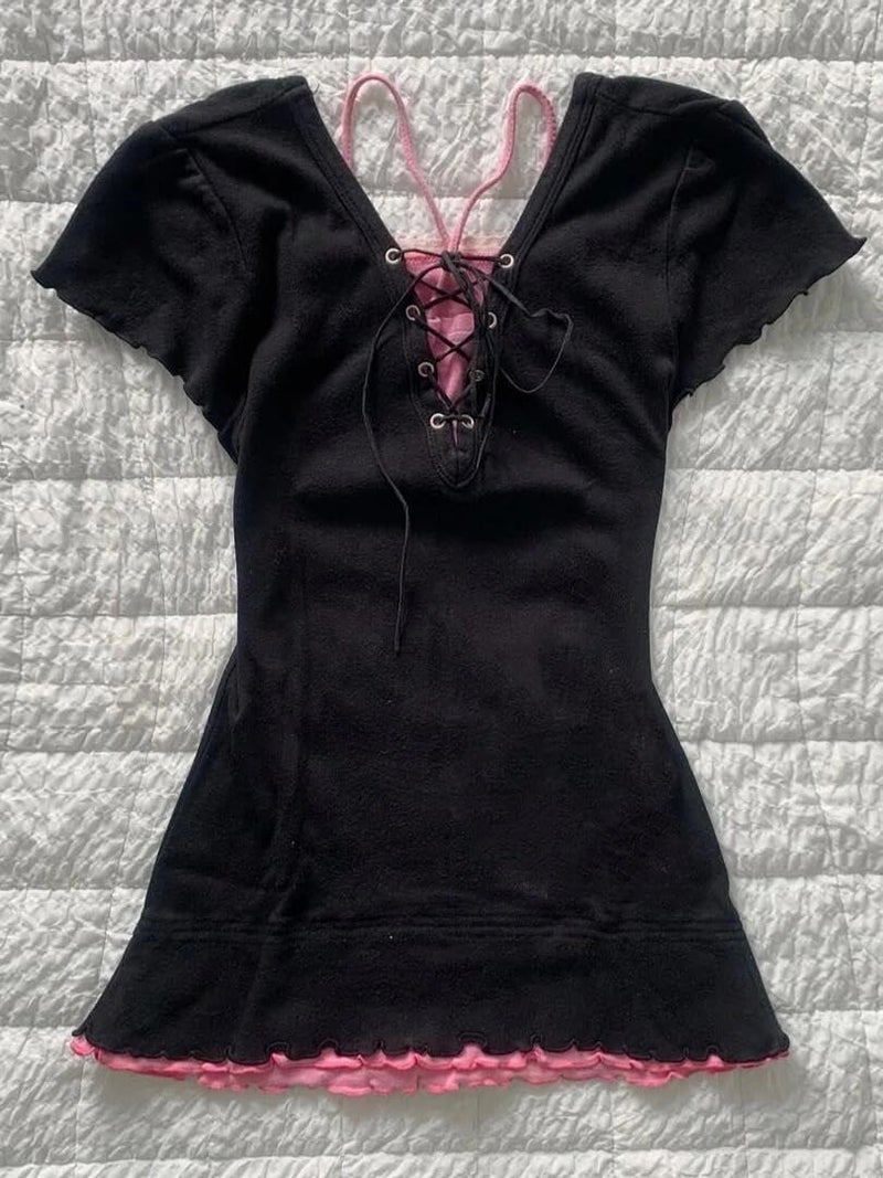 KSDDC Emo 2000s Grunge Alt Shirt Y2K Vintage Harajuku Cutecore Indie T-Shirts Teen Girl Scene Clothes (Black-E,Small) - Image 3