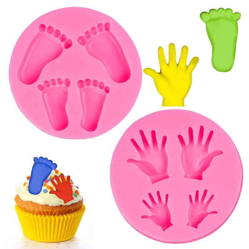 Whaline Silicone 3D Baby Feet Hands Mold Pink Chocolate Fondant Mould Baby Shower Candy Cake Topper Decoration DIY Baking Pudding Sugar Mould for Birthday Party Decoration  2pcs - Image 1