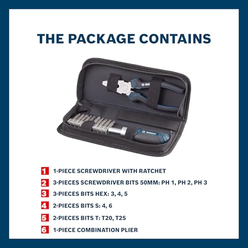 Bosch 12 Pcs Basic Handtool Kit, With Ratcheting Screwdriver - Image 2