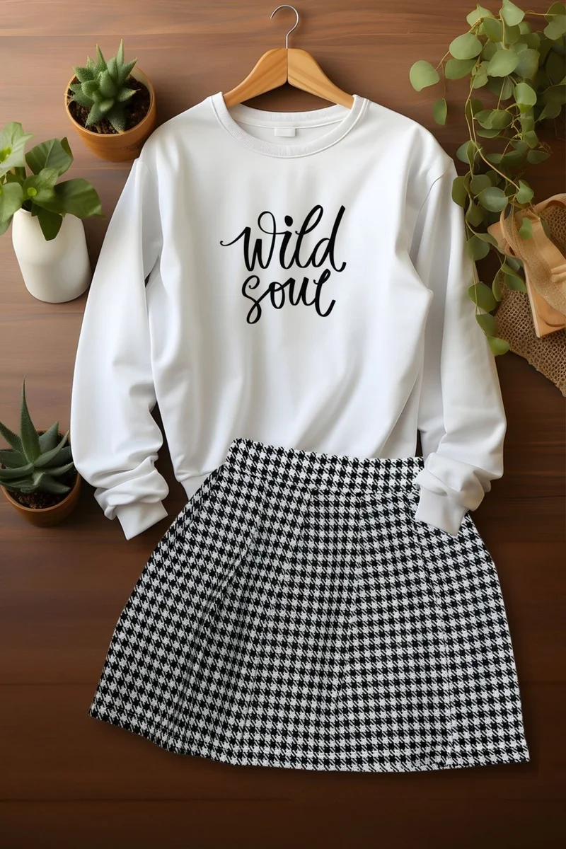 Ada Bebek Çocuk Ada Baby Child Style Plaid Skirt Wild Soul Sweat Skirt Top and Bottom Set