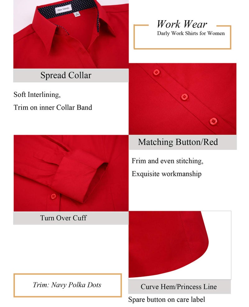 Alex Vando Womens Dress Shirts Wrinkle Free Regular Fit Long Sleeve Stretch Work Shirt,Red,S - Image 4