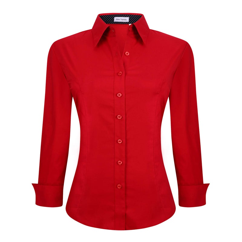Alex Vando Womens Dress Shirts Wrinkle Free Regular Fit Long Sleeve Stretch Work Shirt,Red,S - Image 5