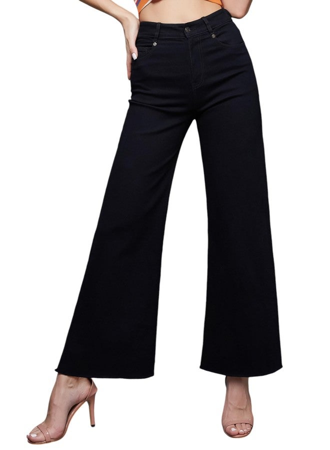 Miss Chase Women's High Rise Clean Look Regular Length Stretchable Wide Leg Denim Jeans (MCAW24DEN79-30-334-24, True Black, 24) - Image 1