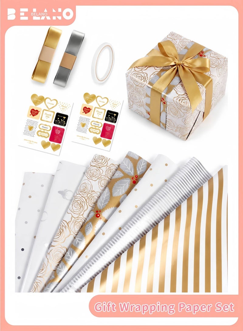 BELANO Gift Wrapping Paper Sheets Set, Birthday Gift Wrap with Ribbon and Stickers, Present Packaging Kit for Party and Holiday Mixed Designs 12 Pieces - Image 1