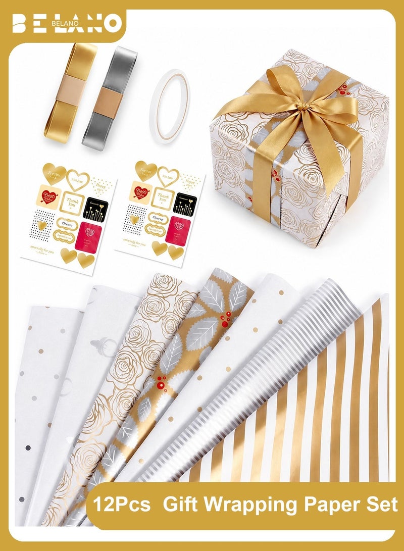 BELANO Gift Wrapping Paper Sheets Set, Birthday Gift Wrap with Ribbon and Stickers, Present Packaging Kit for Party and Holiday Mixed Designs 12 Pieces - Image 1