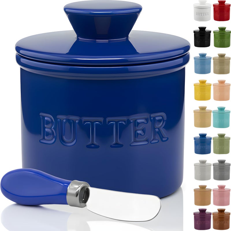 PriorityChef Butter Crock with Lid with Water Line Ceramic French Butter Dish to Leave On Counter Dark Blue
