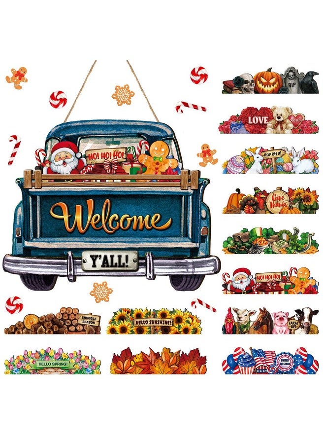 Ferraycle Ferraycle Interchangeable Christmas Welcome Sign for Front Door Farmhouse Truck Decor Rustic Hanging Sign with 12 Interchangeable Seasonal Holiday Decor for Christmas Fall Thanksgiving(Cute Color)  - Image 1