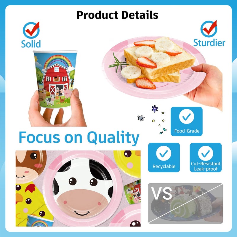 Cocomigo 159pcs Farm Birthday Decorations for Kids, 5 Styles Of 300gsm Thick Animal Plates 2 Tablecloths 1 Backdrop 1 Banner 18 Balloons for 20 People, Suitable for Farm Theme Birthday Decorations - Image 5