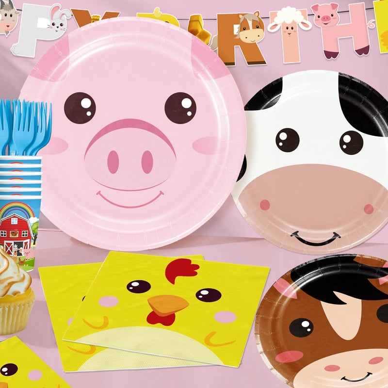 Cocomigo 159pcs Farm Birthday Decorations for Kids, 5 Styles Of 300gsm Thick Animal Plates 2 Tablecloths 1 Backdrop 1 Banner 18 Balloons for 20 People, Suitable for Farm Theme Birthday Decorations - Image 2