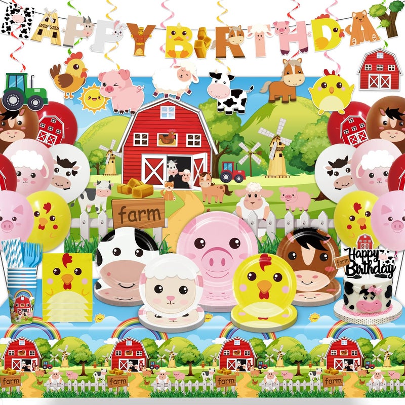 Cocomigo 159pcs Farm Birthday Decorations for Kids, 5 Styles Of 300gsm Thick Animal Plates 2 Tablecloths 1 Backdrop 1 Banner 18 Balloons for 20 People, Suitable for Farm Theme Birthday Decorations - Image 1