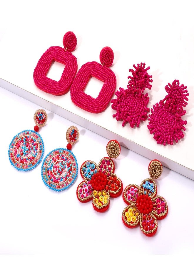 YAHPERN 4 Pairs Beaded Earrings for Women Boho Geometric Beaded Dangle Earrings Statement Pineapple Flower Drop Earrings Colorful Summer Earrings Set Jewelry Gift (Style C) - Image 5