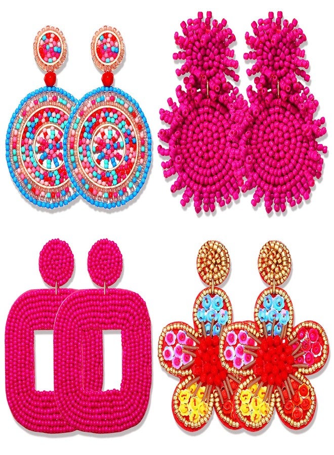 YAHPERN 4 Pairs Beaded Earrings for Women Boho Geometric Beaded Dangle Earrings Statement Pineapple Flower Drop Earrings Colorful Summer Earrings Set Jewelry Gift (Style C) - Image 1