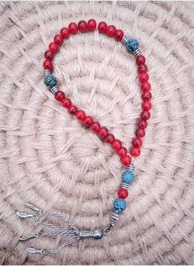 tag - Rosary of 33 red beads with a silver pendant - Image 1