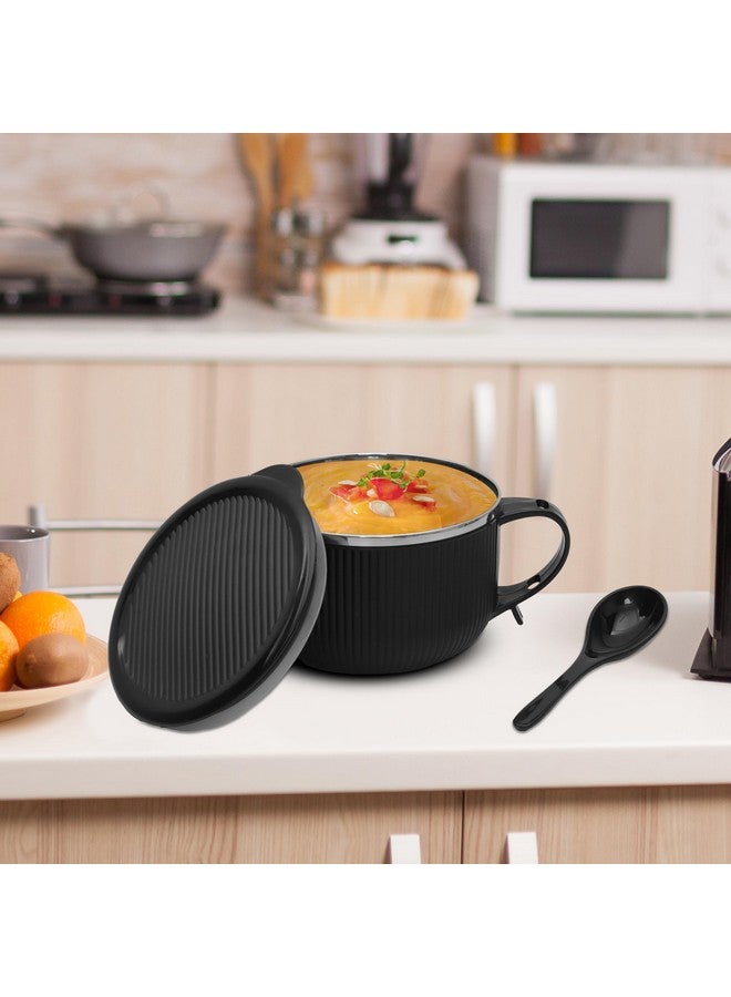 Jaypee Plus Stainless Steel Ribtok Meal Bowl Soup Bowl with Lid & Spoon for Every Day Breakfast Meal, Poha, Cornflaks, Cereal, Suitable for Birthday Gift Girls & Boys, 900ml,Black - Image 2