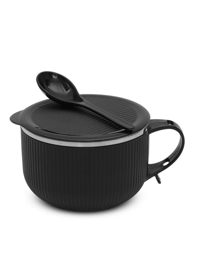Jaypee Plus Stainless Steel Ribtok Meal Bowl Soup Bowl with Lid & Spoon for Every Day Breakfast Meal, Poha, Cornflaks, Cereal, Suitable for Birthday Gift Girls & Boys, 900ml,Black - Image 1