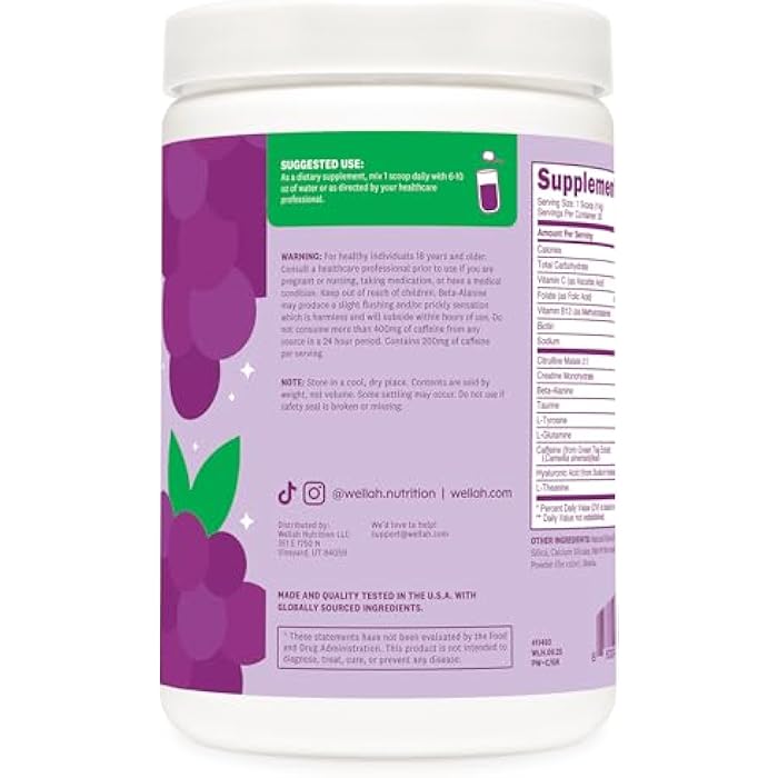 Wellah Pre-Workout + Creatine Powder (30 Servings) Grape - 200mg Caffeine, 3g Creatine Monohydrate, 5g Citrulline Malate, Pre-Workout with Creatine Supplement - Image 3