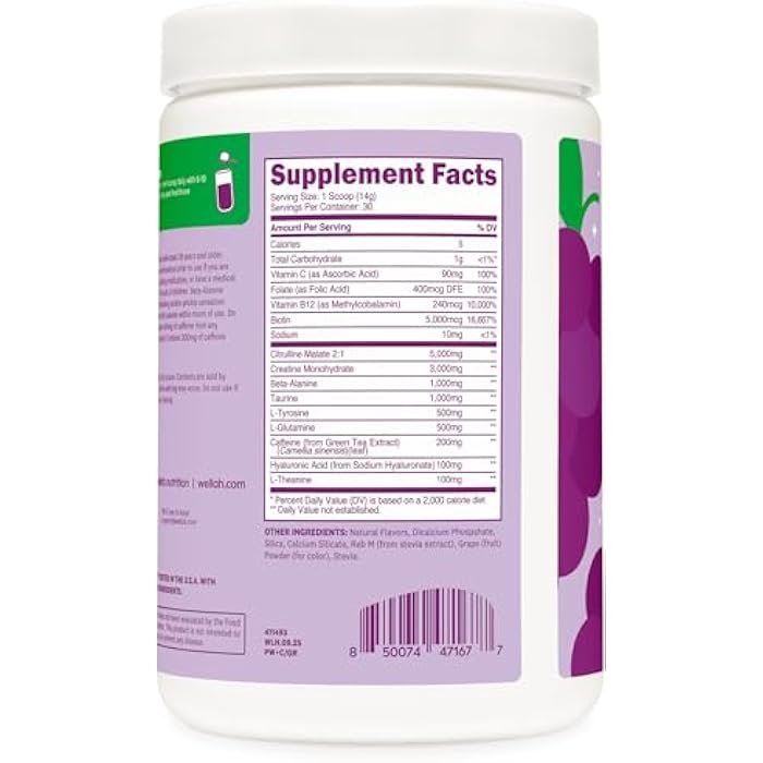 Wellah Pre-Workout + Creatine Powder (30 Servings) Grape - 200mg Caffeine, 3g Creatine Monohydrate, 5g Citrulline Malate, Pre-Workout with Creatine Supplement - Image 4