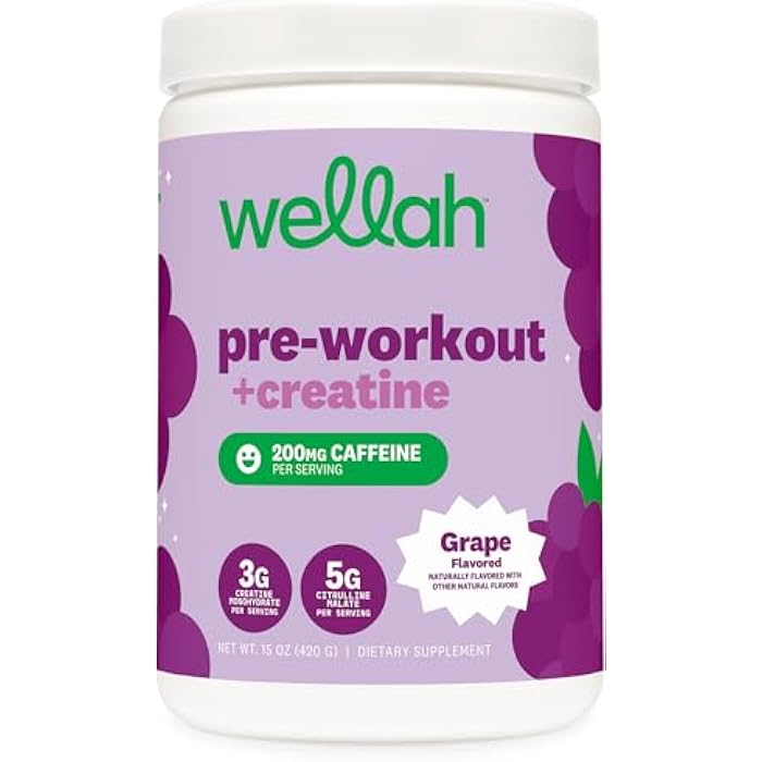 Wellah Pre-Workout + Creatine Powder (30 Servings) Grape - 200mg Caffeine, 3g Creatine Monohydrate, 5g Citrulline Malate, Pre-Workout with Creatine Supplement - Image 1