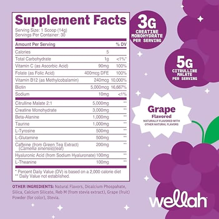 Wellah Pre-Workout + Creatine Powder (30 Servings) Grape - 200mg Caffeine, 3g Creatine Monohydrate, 5g Citrulline Malate, Pre-Workout with Creatine Supplement - Image 2