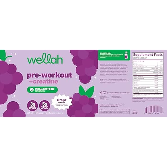 Wellah Pre-Workout + Creatine Powder (30 Servings) Grape - 200mg Caffeine, 3g Creatine Monohydrate, 5g Citrulline Malate, Pre-Workout with Creatine Supplement - Image 5